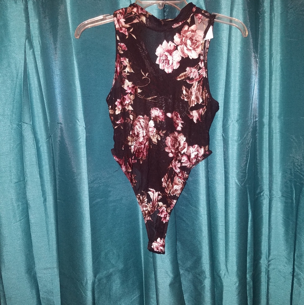 New Black Sheer Body Suit With Floral Print